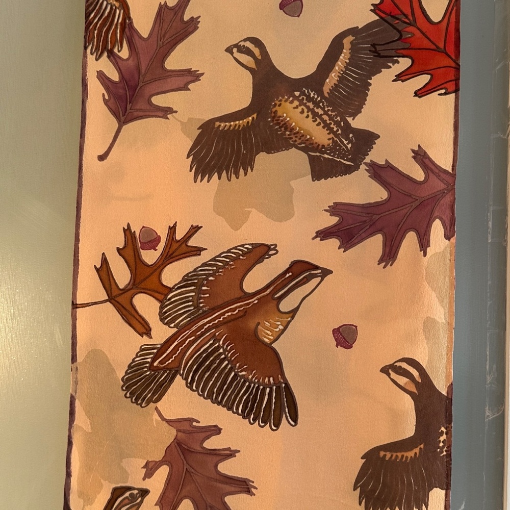 Handmade Silk Scarf, Original Design One-of-a-Kind Quails Grouse Leaves Tan - Picture 4 of 9